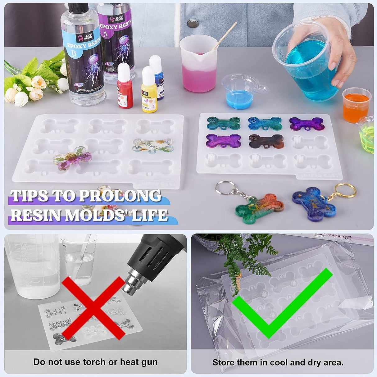 Pet Tag Resin Molds Silicone for Cat Dog | Epoxy Resin & UV Resin Bone Shape Keychain Molds with 10Pcs Key Ring & 10Pcs Jump Ring, DIY Keychain WoodArtSupply