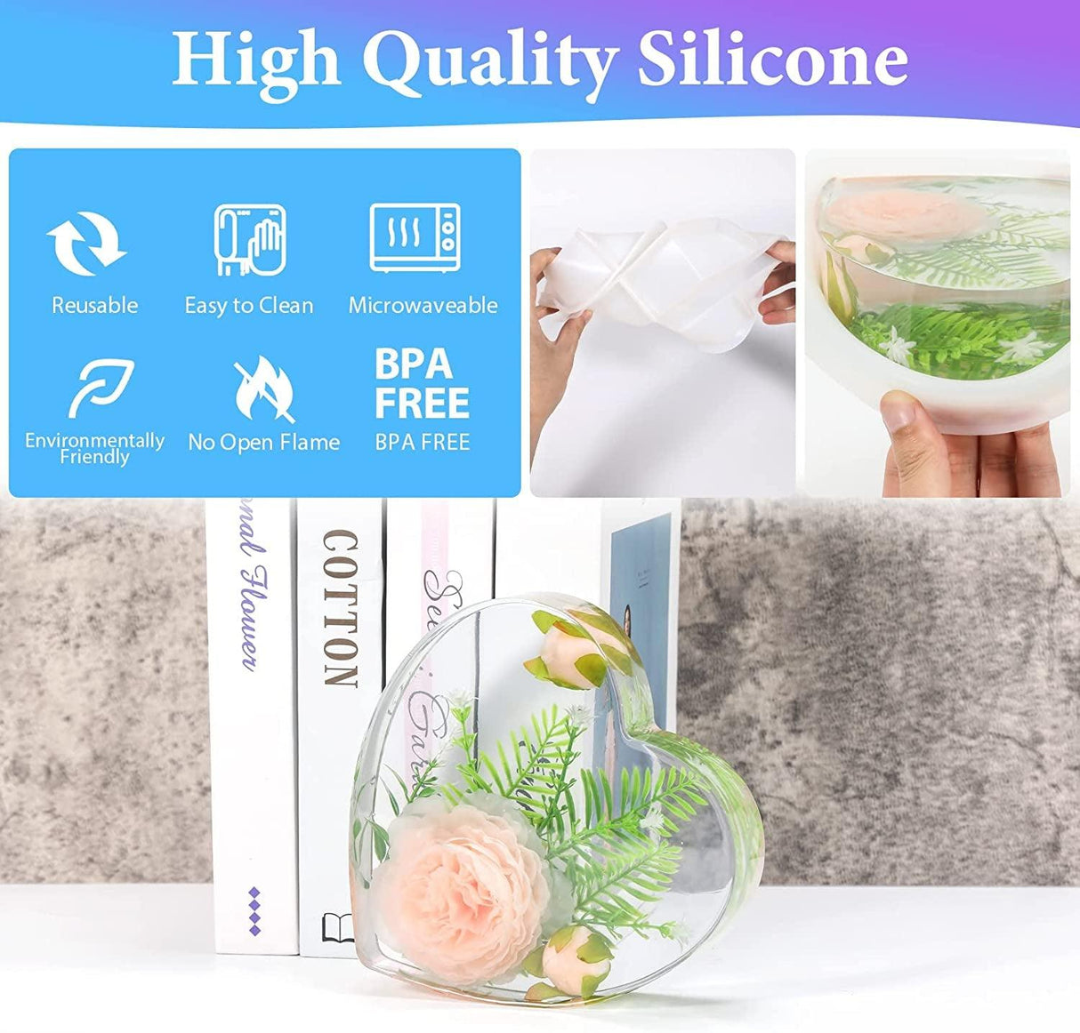 3 PCS Large Resin Molds Silicone, Silicone Molds for Resin Including Large Hexagonal and Square Heart Resin Mold, Epoxy Resin Molds for Flower WoodArtSupply