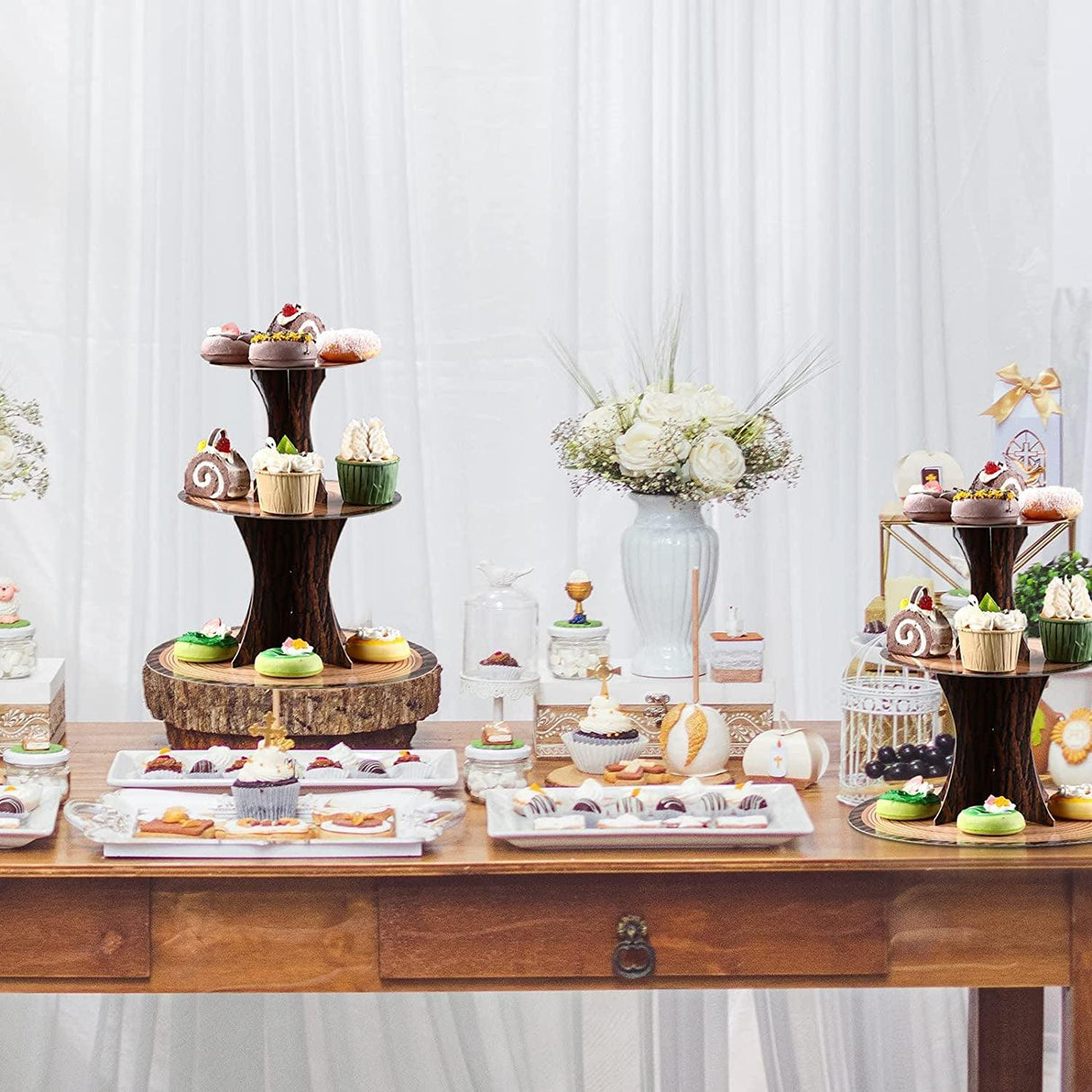 Wood Birthday Party Supplies, 3 Tier Cardboard Wooden Cupcake Stand Tower WoodArtSupply