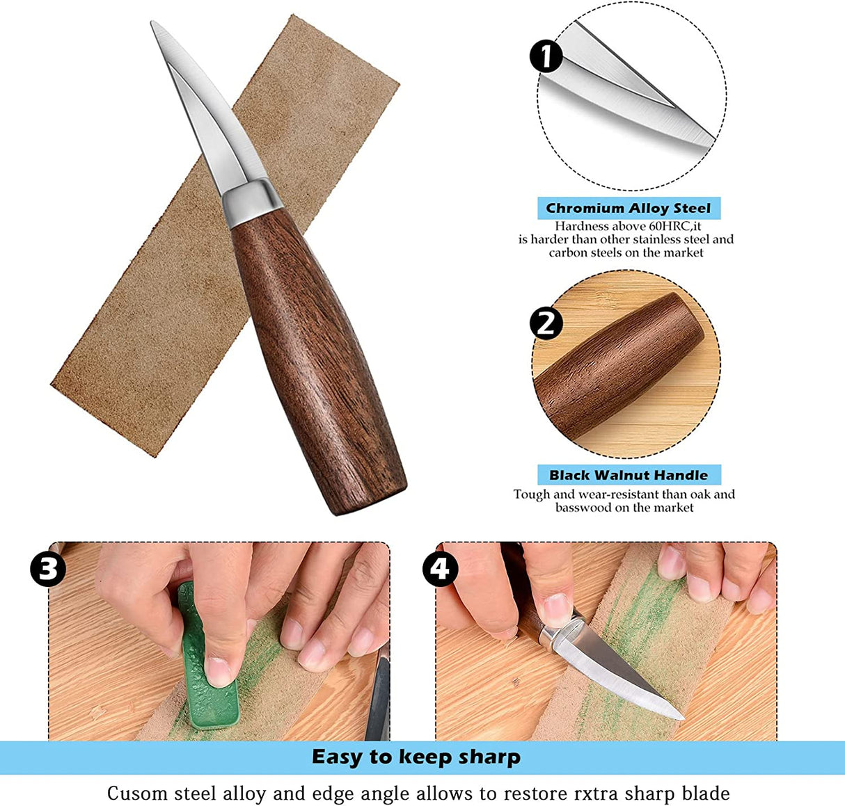 Wood Carving Tools Set,Detail and Hook Carving Knife Kit for Beginners,Trimming Knife for Spoon Bowl Cup Woodwork,Round Handle Design and 6Pcs SK2 WoodArtSupply