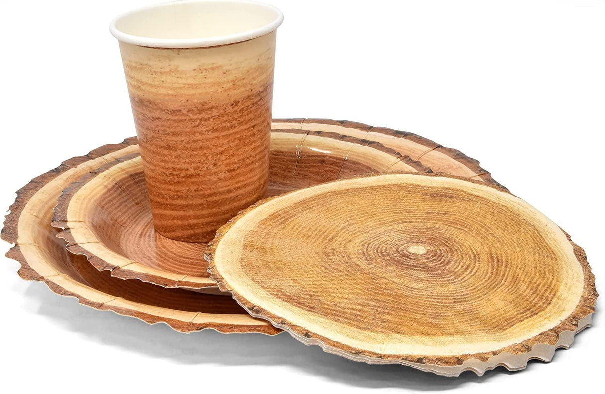 Rustic Wood Slice Paper Party Supplies Tableware Set 24 9" Plates 24 7" Plate 24 9 Oz Cups 24 Napkins WoodArtSupply
