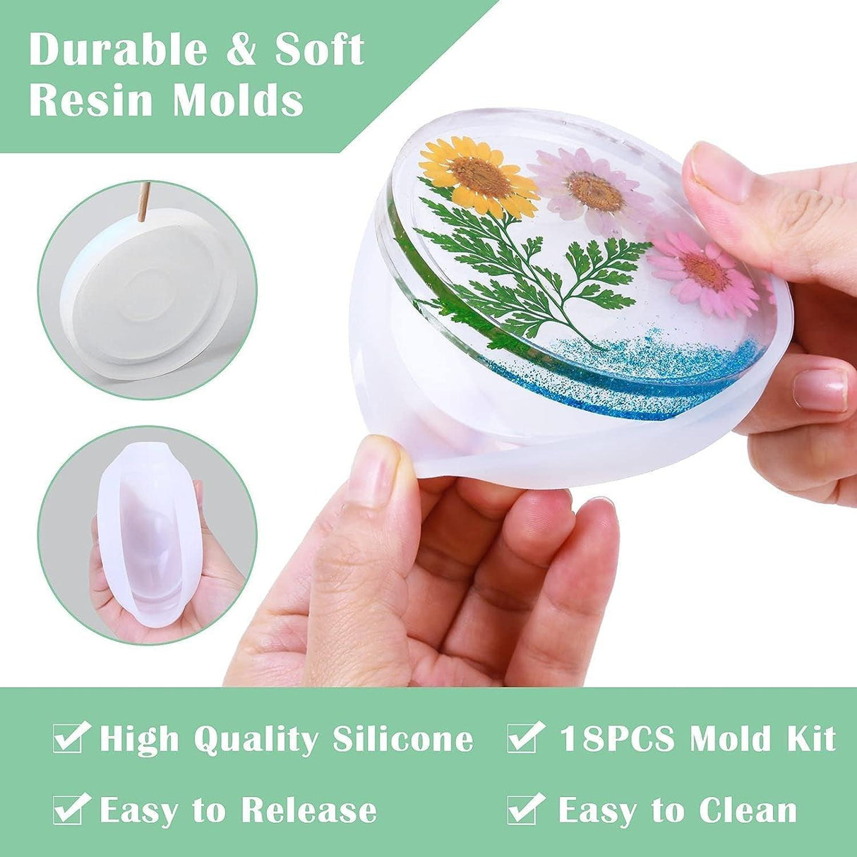 Silicone Resin Molds Kit 26PCS, Epoxy Molds, Large Casting with 12 Glitter Sequins for UV Casting, Including Sphere, Cube, Pyramid, Square, Coaster, WoodArtSupply