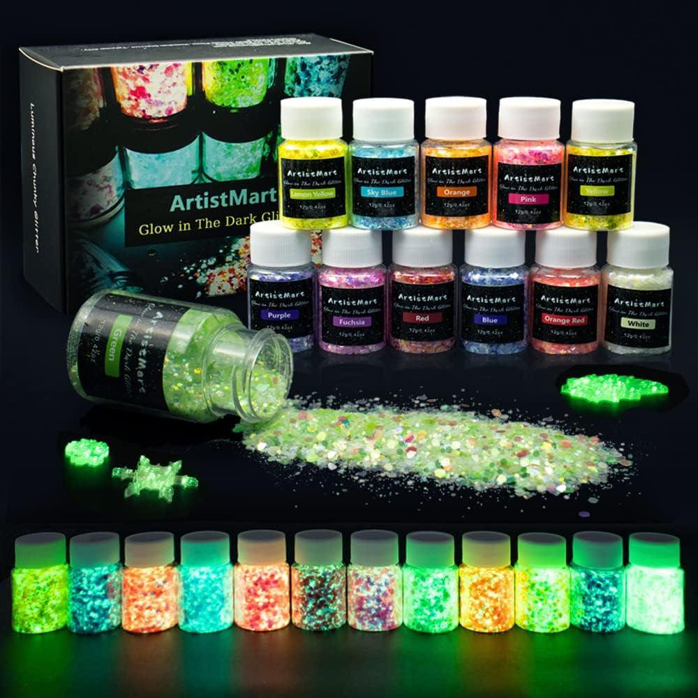 Glow in the Dark Glitter, 12 Colors Chunky Glitter for Tumblers, High Luminous Holographic Glitter for Resin Crafts Epoxy Slime, Cosmetic Grade Nail WoodArtSupply