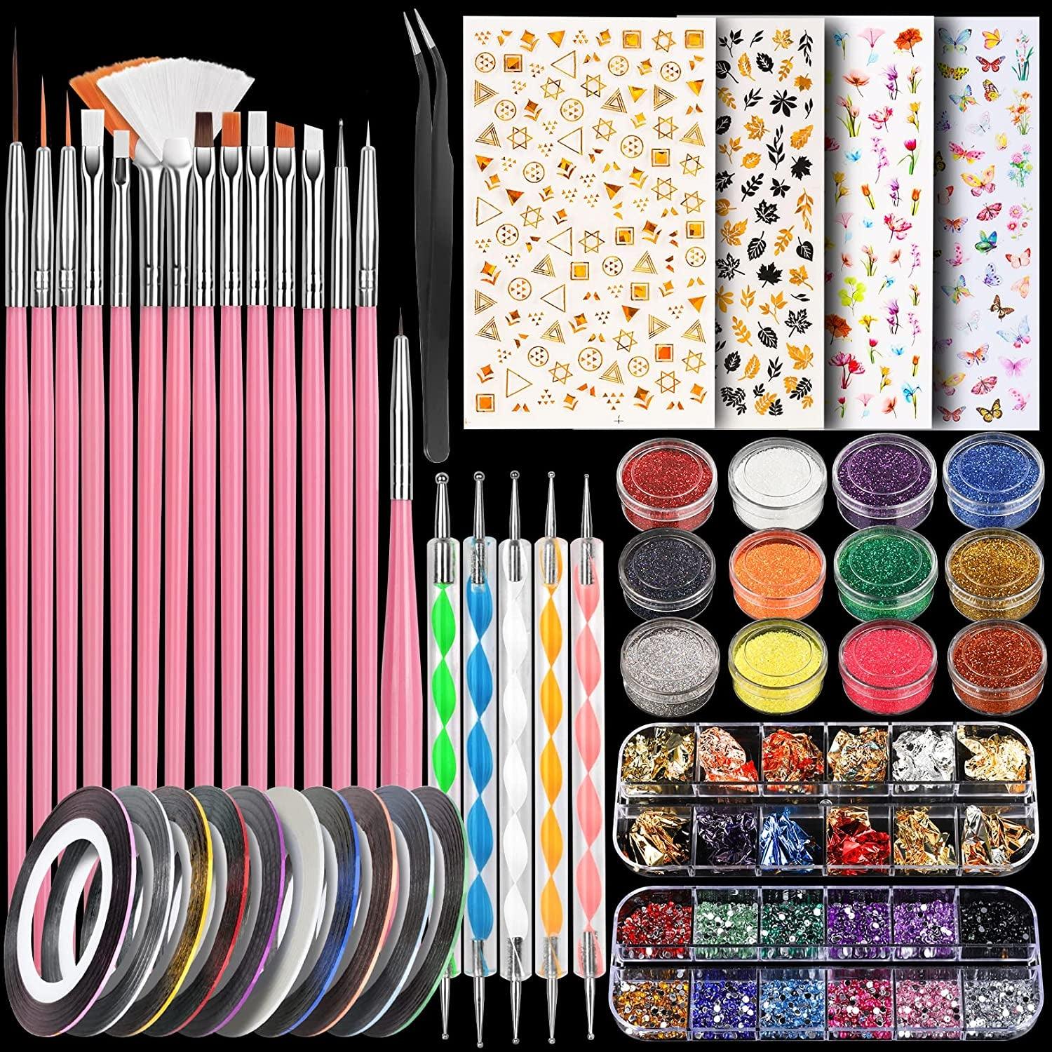  JOYJULY Nail Art Design Tools, 3D Nail Art Decorations Kit with  Nail Art Brushes Dotting Tools Holographic Nail Art Stickers Nail Foil Tape  Strips and Nails Art Rhinestones and Pick-Up Tweezers 