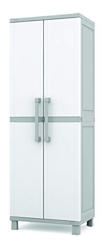 Keter Storage Cabinet with Doors and Shelves for Tool, Home Organization,Large, White & Grey Keter