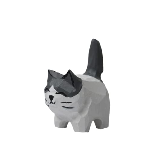 Wooden Cat Figurine - Small 1.85", Hand-Made, Carving, Decoration, Decoy, Small Animals, Cat Lover (Little White Grey Cat) WoodArtSupply