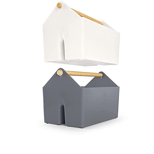 Arteza Plastic Portable Craft Storage Organizer, Pack of 2, Gray and Ivory, 3-Sectioned Plastic Basket with Handle, Caddy Organizer for Art Supplies, ARTEZA