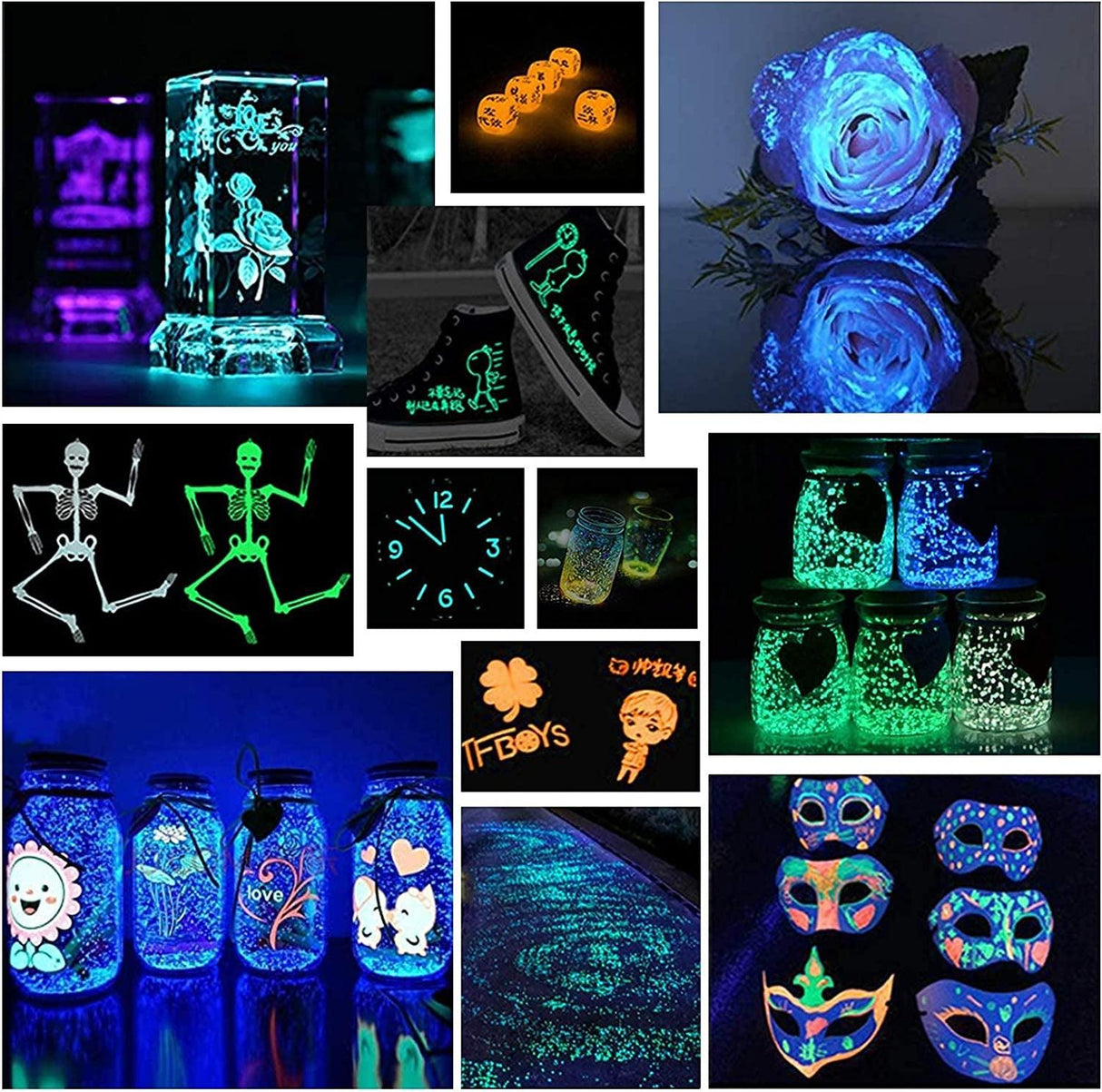 Glow in the Dark Powder 12 Colors Epoxy Resin Dye Luminous Pigment Safe Long Lasting for Fine Art, DIY Nail Art, Colorant, Acrylic Paint, DIY Crafts WoodArtSupply