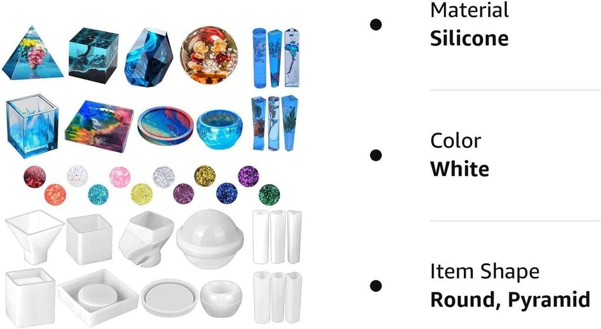 Silicone Resin Molds Kit 26PCS, Epoxy Molds, Large Casting with 12 Glitter Sequins for UV Casting, Including Sphere, Cube, Pyramid, Square, Coaster, WoodArtSupply