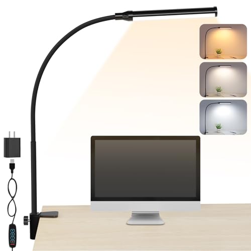 ShineTech LED Desk Lamp for Home Office, Eye-Caring Desk Light with Clamp, 3 Colors Stepless Brightness Adjustable Flexible Gooseneck, USB Adapter ShineTech