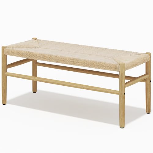 Recaceik Indoor Entryway Bench with Paper Cord Ottoman, Mid-Century Long Bench with Rubber Wood Legs, French Vanity End Bed Bench for Bedroom Living Recaceik