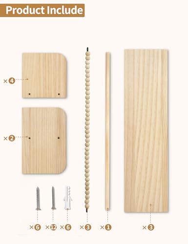 Maxpeuvon Natural Wood Nursery Floating Shelves Set of 3 with Towel Bar Maxpeuvon