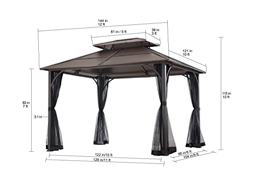 Sunjoy Hardtop Gazebo 10 x 12 ft. Outdoor Gazebo, Heavy Duty Steel Frame Gazebo, Double Tiered Metal Gazebo with Ceiling Hook and Mesh Netting, Brown Sunjoy