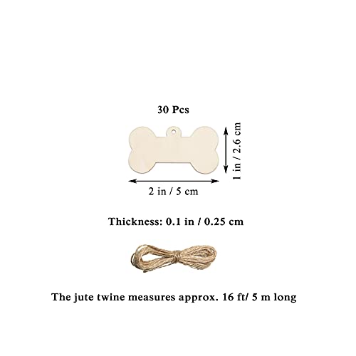 30pcs Mini Dog Bone Wood DIY Crafts Cutouts 2" Wooden Little Dog Bone Shaped Hanging Ornaments with Jute Twine for DIY Projects Pets Party Creaides