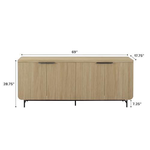 Walker Edison Modern Scandinavian Fluted Door Kitchen Storage Sideboard Buffet Cabinet Console, 69 Inch, Coastal Oak/Black Walker Edison