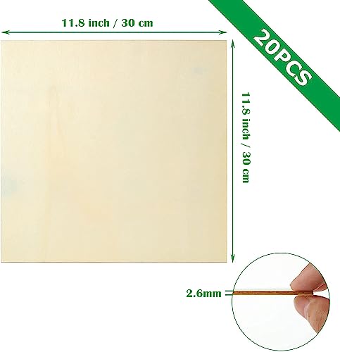 20PCS Basswood Sheets 12x12 Inch Unfinished Square Wood Pieces for Crafting 3mm Plywood Board 1/8" Thin Wooden Sheets Wood Slices Natural Wood Planks APACALI