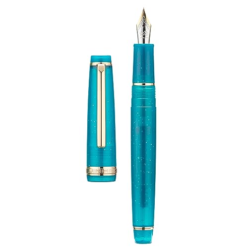 Jinhao 82 Acrylic Fountain Pen, Iridium Extra Fine Nib with Ink Converter, Transparent Peacock Blue Fluorescent Classic Design Smooth Writing Pen Wikult