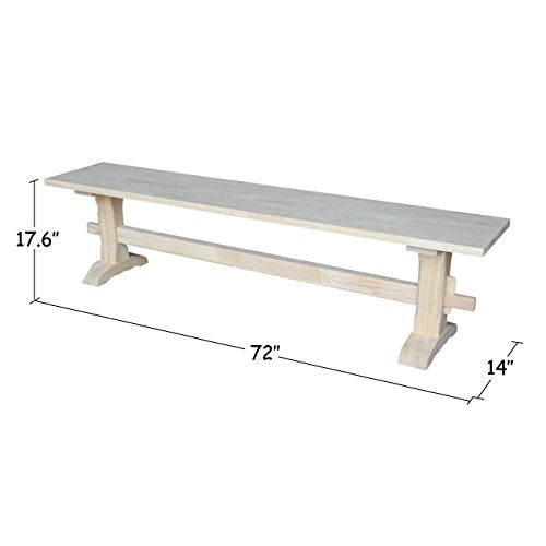 International Concepts Unfinished Solid Hardwood Trestle Bench with Butcher Block Surface for Residential Use, 72"W x 14"D x 17.63"H; Entryway, IC International Concepts
