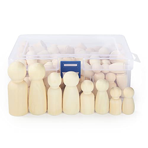 JMIATRY 100PCS Wooden Peg People Peg Dolls Unfinished Wooden People Figures with Storage Case Peg People Family for Craft Art Projects and Decoration JMIATRY