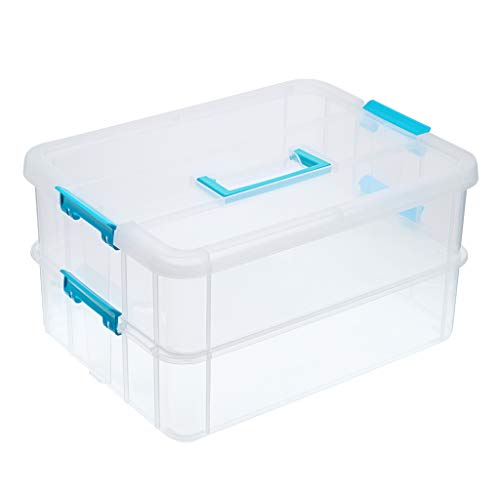 BTSKY 2 Layer Stack & Carry Box, Plastic Multipurpose Portable Storage Container Box Handled Organizer Storage Box for Organizing Stationery, Sewing, BTSKY