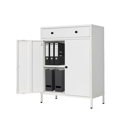 YEEZER Metal Storage Cabinet, Multipurpose Storage Cabinet and 1 Drawer, 2-Tier Office Cabinet for Home, Living Room, Gym, Apartment (White)