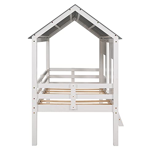 Merax Twin Size Low Loft Wooden House Bed with Roof and Windows in White and Grey Merax