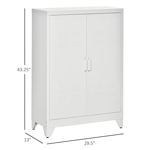 HOMCOM Industrial Storage Cabinet, Steel Garage Cabinet with Double Doors and Adjustable Shelves, White HOMCOM