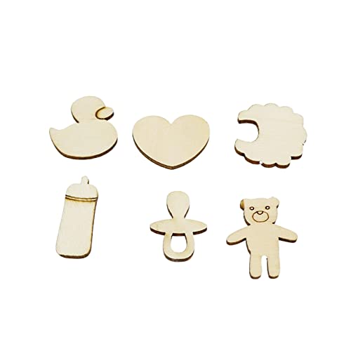 KUMGROT 100pcs Unfinished Wooden Ornament Mini Wood Pieces Heart Bear Ring Duck Baby Bottle Shaped for DIY Craft Handmade Supplies (Cute Style) KUMGROT