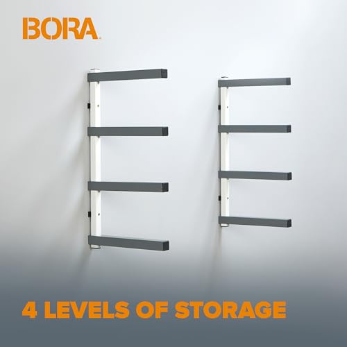 BORA Wood Organizer and Lumber Storage Metal Rack with 4-level Wall Mount - Indoor and Outdoor Use, White & Gray - PBR-0420 Bora