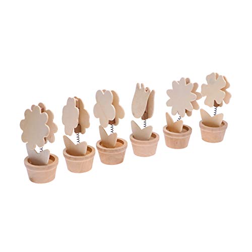 Healifty 6pcs Wooden Memo Clips Place Card Holders Unfinished Wood Ornaments Unpainted Flower Pot Miniature Desktop Decoration Ornaments with Pigment Healifty