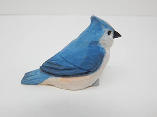 Selsela Tufted Titmouse Bird Wood Figurine Statue Blue Jay Sculpture Ornament Decor Miniature Art Carve Small Animal Selsela