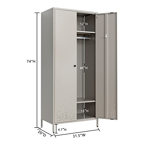 Besfur Bedroom Armoires, Metal Wardrobe Closet with Hanging Rod, Adjustable Shelves, 20" D x 31.5" W x 74" H - Sea Shell Color Besfur