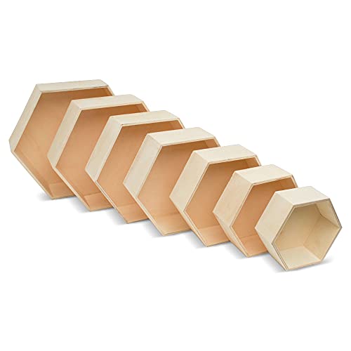 Woodpeckers Wooden Hexagon Floating Shelves with Backs, Set of 7, Unfinished for Crafts and DIY Wall Décor: Modern, Geometric, Rustic, or Honeycomb Woodpeckers