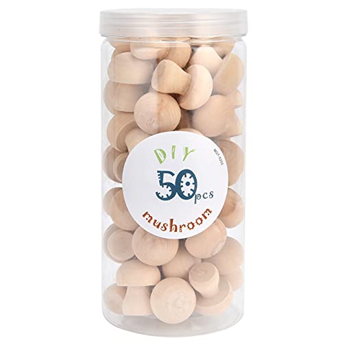 Wooden Mushroom Ornament, Unfinished Mushrooms, 50pcs Wood Mushroom DIY Toy in Clear Box, Plain Unpainted Mini Mushroom for Arts and Crafts Projects AUNMAS