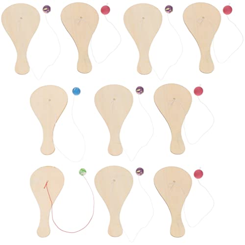 Sewroro 10pcs Wooden Paddle Balls with String Toys Unfinished Wood Paddle Ball Rackets Wooden Painting Paddle for Christmas Stocking Stuffer Goodie Sewroro