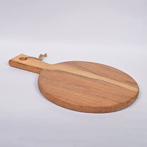 Samhita Round Acacia Wood Cutting Board with Handle for Chopping and Serving Charcuterie, Cheese, Pizza, Bread - Wall Décor (13" X 9" X 0.75") Samhita