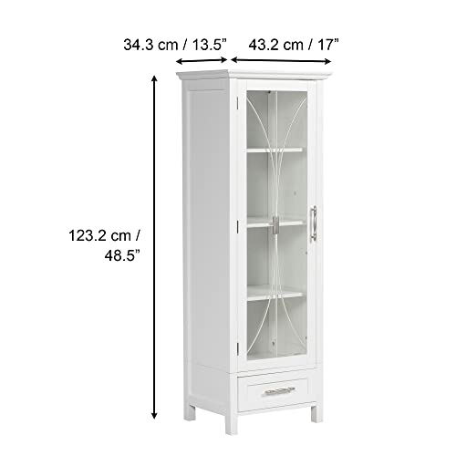Teamson Home Delaney Tall Narrow Linen Tower with Glass Door, 3 Adjustable Shelves & Drawer - White Teamson Home