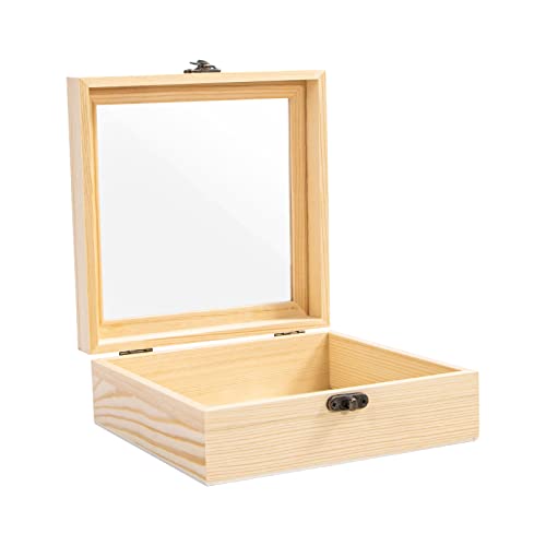 Useekoo Unfinished Wooden Display Box with Glass Top Hinged Lid, 7.1'' x 7.1'' x 2.8'' Small Wood Keepsake Storage Box, DIY Craft Box for Useekoo