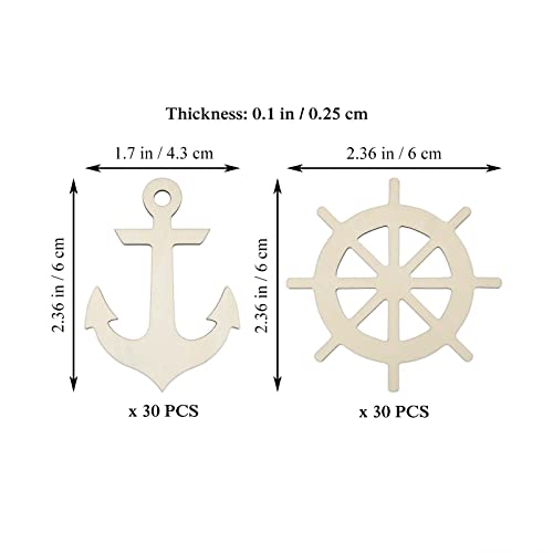 Creaides 60 Pcs Anchor Rudder Wood DIY Craft Cutouts Unfinished Wood Ornaments Gift for Ocean Themed Party Home Decoration Creaides