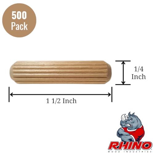 500 Pack 1/4" x 1 1/2" Wooden Dowel Pins Wood Kiln Dried Fluted and Beveled, Made of Hardwood Rhino Wood Industries