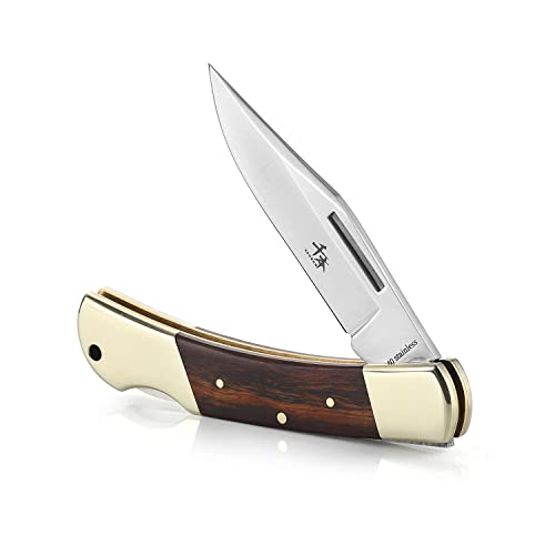 SENBON folding lock back knife 4in 440a sharp outdoor knife sand iron wood copper handle with Leather Sheath SENBON