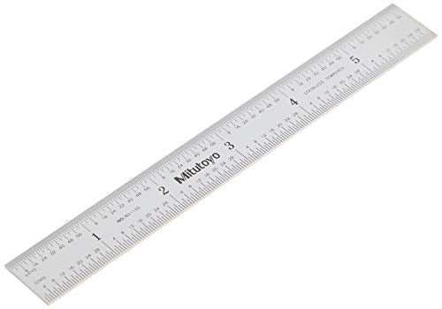 Mitutoyo 182-105, Steel Rule, 6" X 150mm, (1/32, 1/64", 1mm, 1/2mm), 3/64" Thick X 3/4" Wide, Satin Chrome Finish Tempered Stainless Steel Mitutoyo
