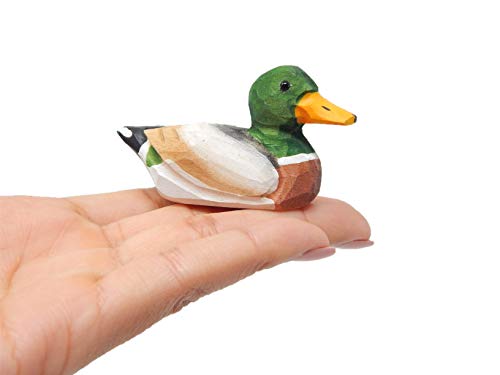 Selsela Small Mallard Wooden Duck Figurine - Drake/Male, Green Head, Hand-Made, Carving, Decoration, Decoy, Small Animals, Duck Lover