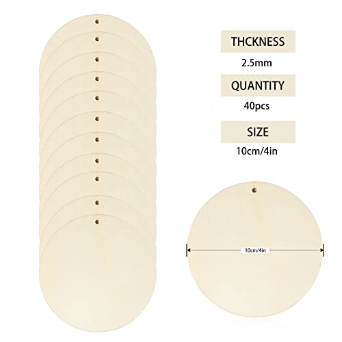 Bligo Round Wooden Discs with Holes 40pcs Unfinished Predrilled Wood Slices Circles 3.94" Wood Ornaments for Predrilled Natural Wood Slices for Party Bligo