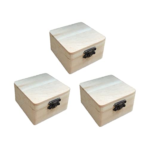 TEHAUX 3 Pcs Unfinished Wood Treasure Chest Memory Chest Wooden Jewelry Case Wooden Case with Antique Jewelry Organizer Unfinished Wooden Case Lock TEHAUX