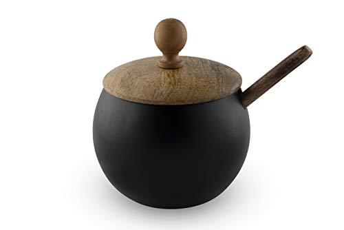 GoCraft Sugar Bowl with Wooden Lid and Spoon for Home and Kitchen, Drum Shape (Matte Black Finish) GoCraft