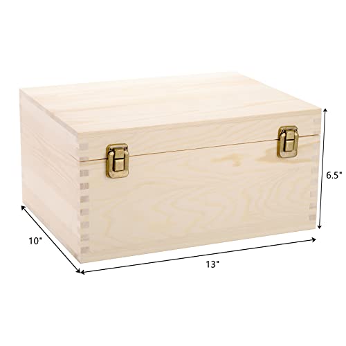 Frcctre Extral Large Unfinished Wooden Box, 13 x 10 x 6.5 inch Natural Unfinished Pine Wood Box with Hinged Lid and Front Clasp for DIY Craft Art Frcctre