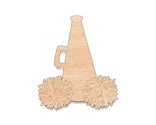 Unfinished Wood for Crafts - Megaphone with Pom Poms - Large & Small - Pick Size - Unfinished Wood Cutout Shapes Sports Cheerleader Cheer Leading WoodArtSupply