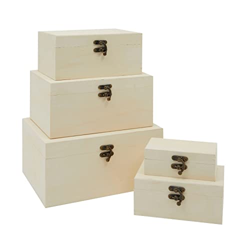 Juvale 5 Pack Unfinished Wooden Boxes with Hinged Lids Arts and Crafts, Wood Storage Boxes to Paint (Natural, 5 Assorted Sizes) Juvale