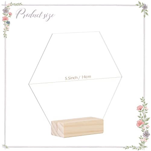Clear Hexagon Acrylic Table Sign with Wood Stand-10 Pack 5.5 Inch Blank Hexagon Table Numbers with Wood Base, DIY Hexagon Acrylic Sign Blank for JINMURY